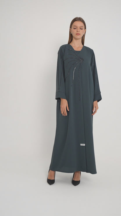 Grey Overlap Abaya With Fine Handworked Front Detail