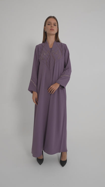 Purple Pintuck Abaya With Handworked Front And Sleeve Detailing