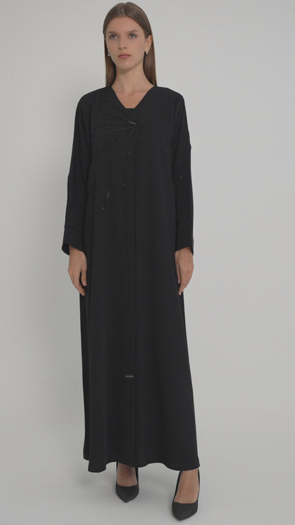 Black Overlap Abaya With Fine Handworked Front Detail