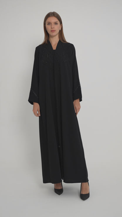 Black Pintuck Abaya With Handworked Front And Sleeve Detailing