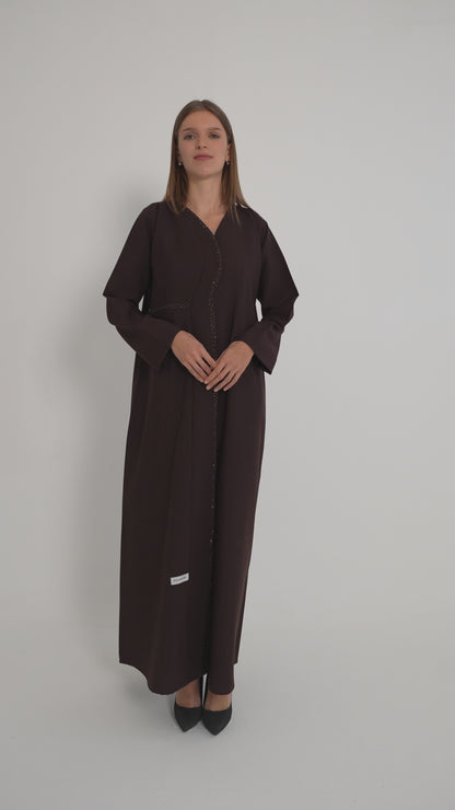Dark Brown Layered Abaya With Overlap Curve Design And Beadwork