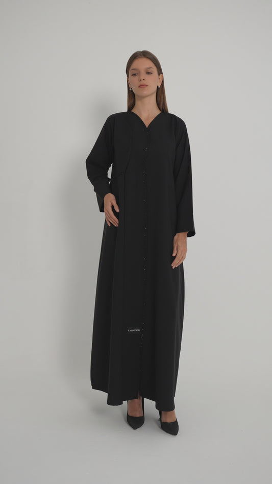 Black Overlap Curve Abaya With Front Layering And Beadwork