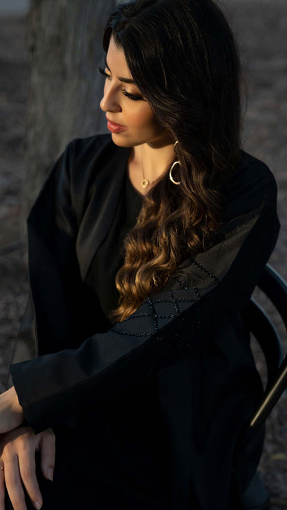 black bead line abaya with embroidery