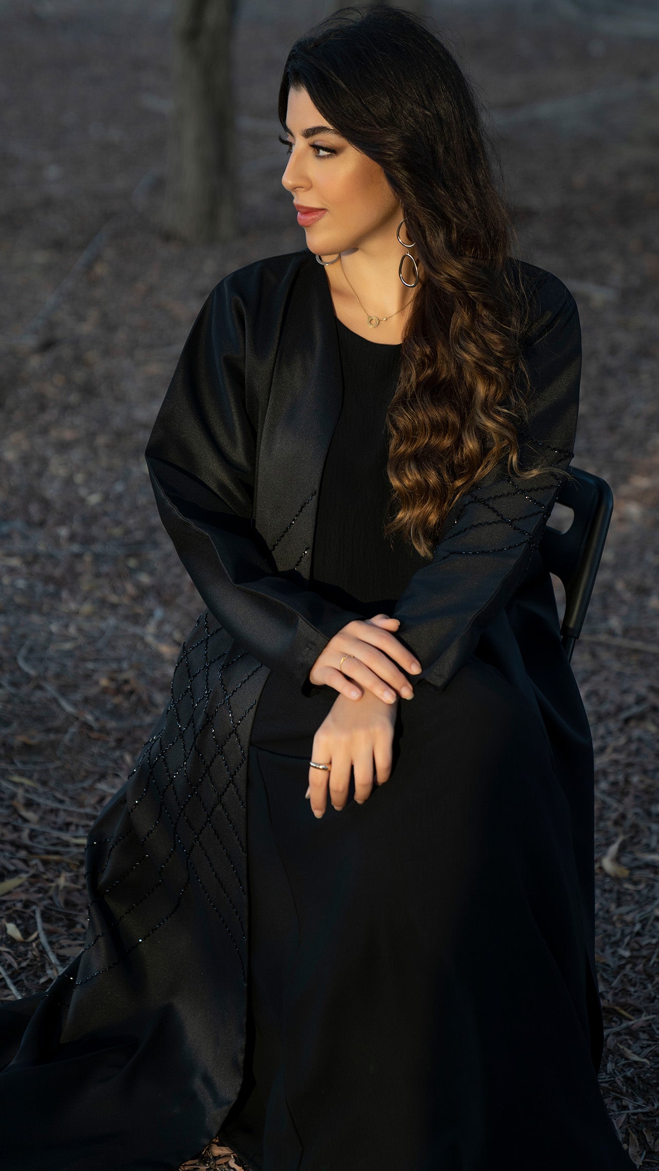 Black geometrical bead line embroidery abaya in Dubai