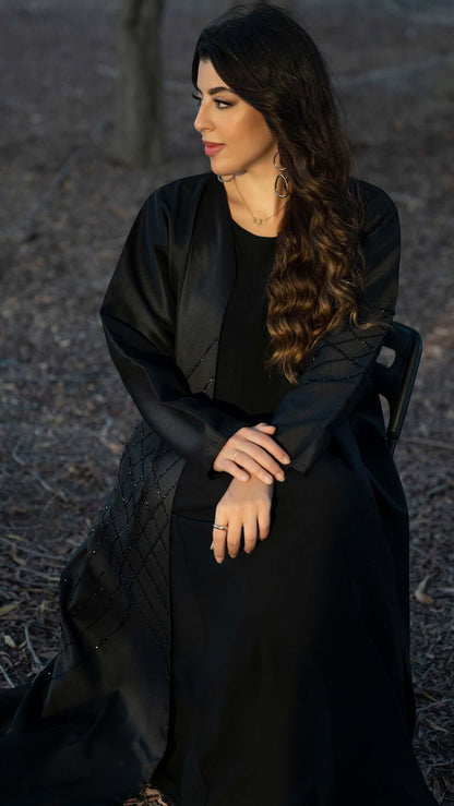 Black geometrical bead line embroidery abaya in Dubai