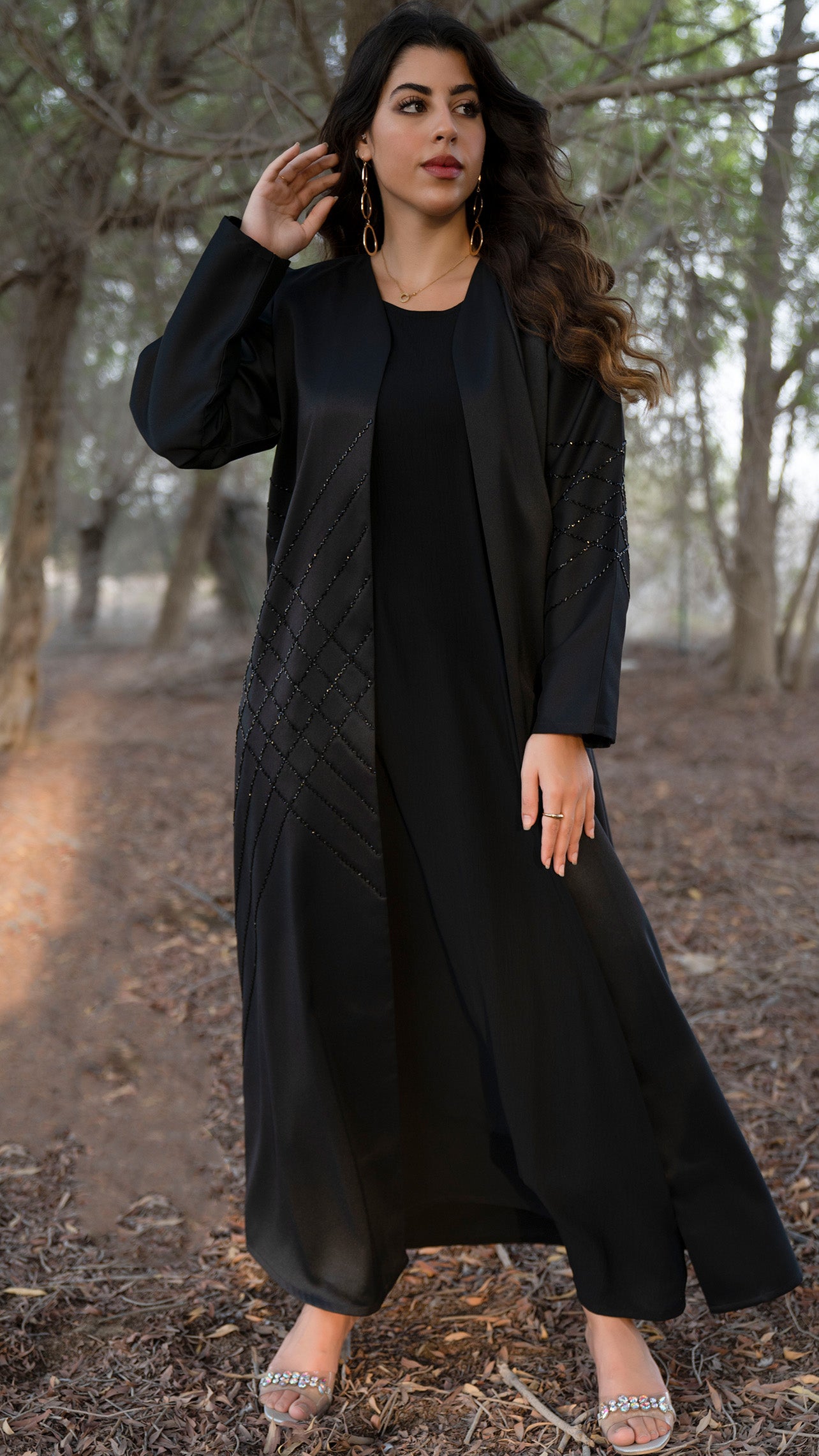 Black geometrical bead line embroidery abaya in Dubai