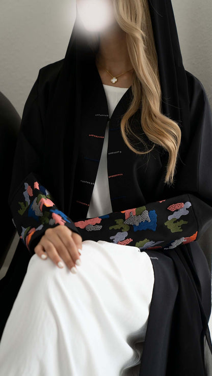 Black Abaya With Colourful Art Embroidery On sleeves 