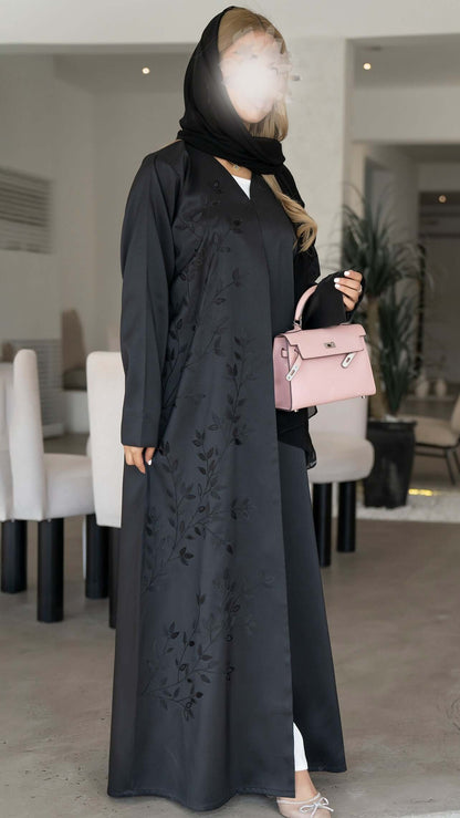 Black Satin Abaya with Floral Laser Cut Patchwork on the Front