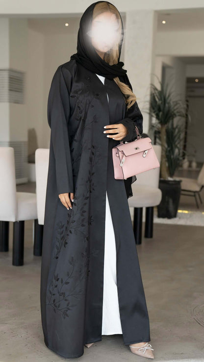 Black Satin Abaya with Floral Laser Cut Patchwork on the Front