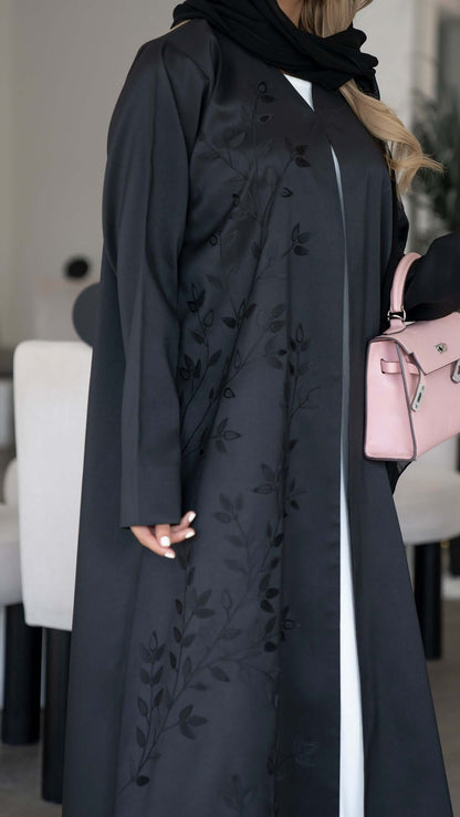 Black Satin Abaya with Floral Laser Cut Patchwork on the Front