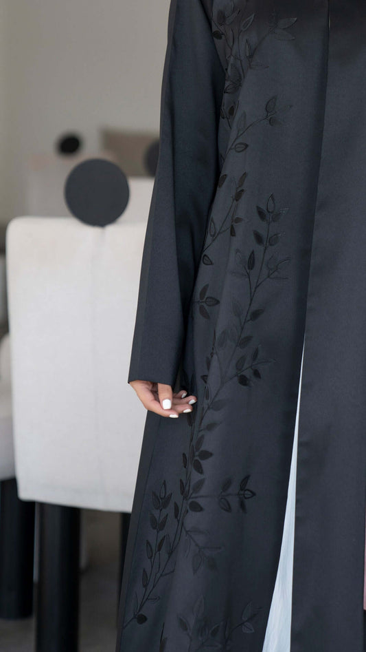 Black Satin Abaya with Floral Laser Cut Patchwork on the Front
