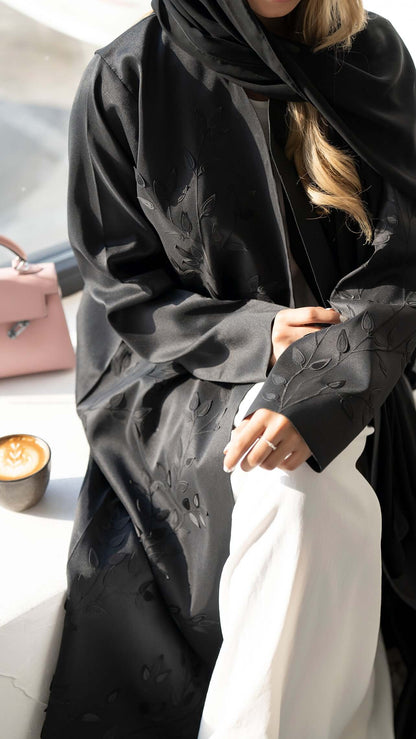 Black Satin Abaya with Floral Laser Cut Patchwork on the Front