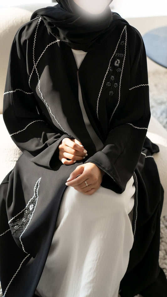 Black V-Neck Abaya with Intricate Embroidery and Delicate Bead Detailing Throughout