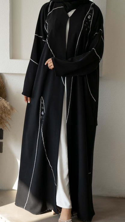 Black V-Neck Abaya with Intricate Embroidery and Delicate Bead Detailing Throughout