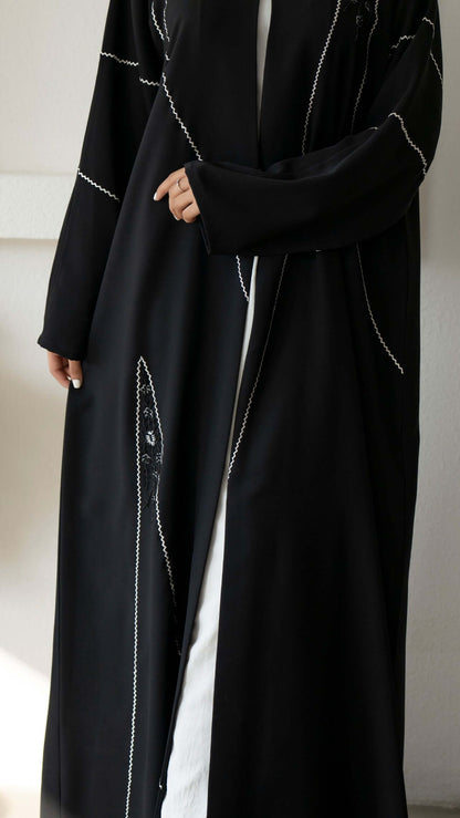 Black V-Neck Abaya with Intricate Embroidery and Delicate Bead Detailing Throughout