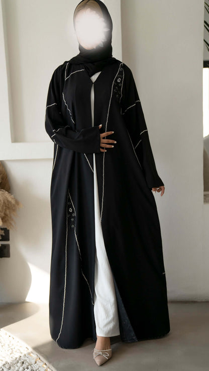 Black V-Neck Abaya with Intricate Embroidery and Delicate Bead Detailing Throughout