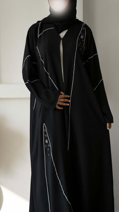 Black V-Neck Abaya with Intricate Embroidery and Delicate Bead Detailing Throughout