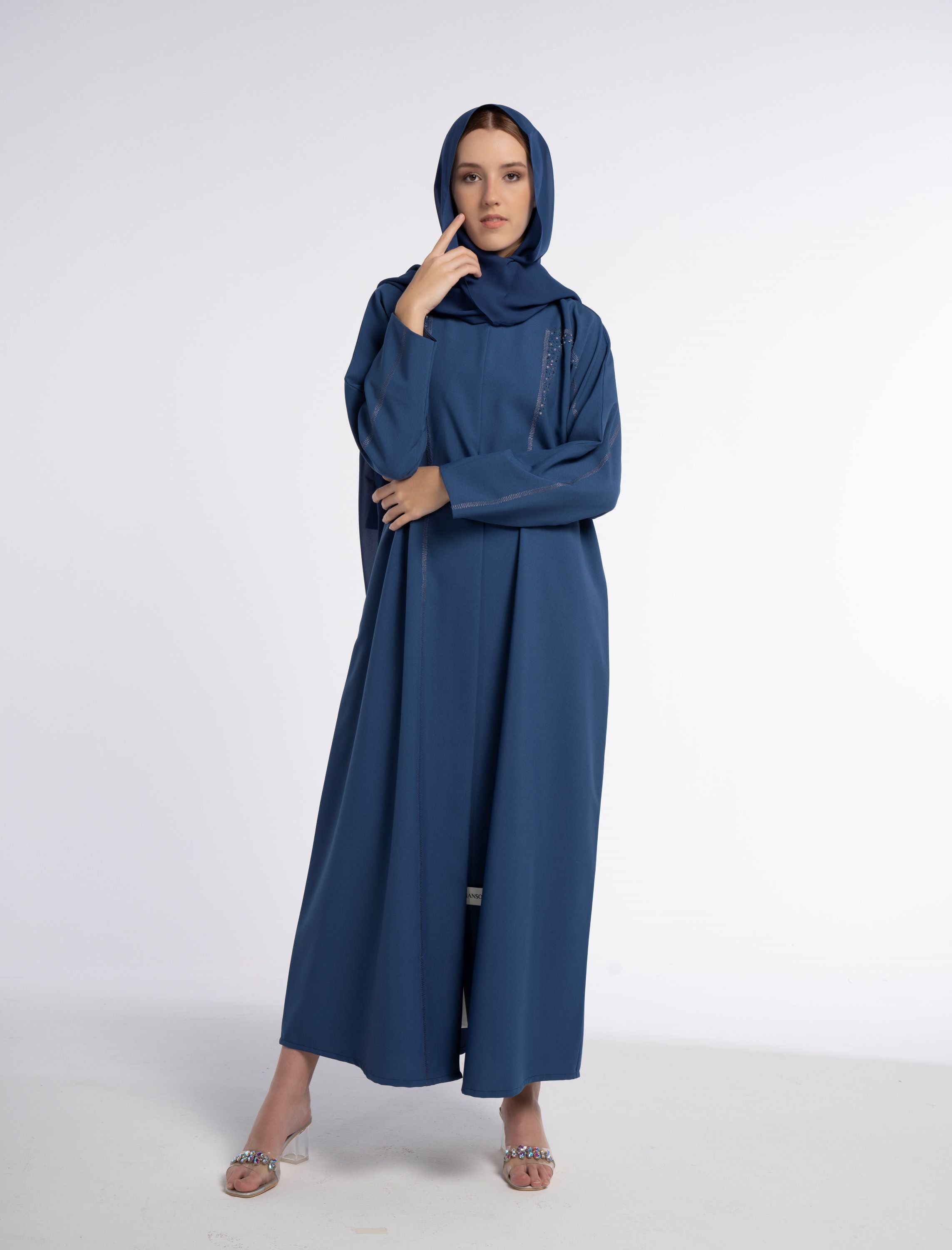 Sky Blue Colored V-Neck Abaya with Geometrical Patterned Embroidery ...