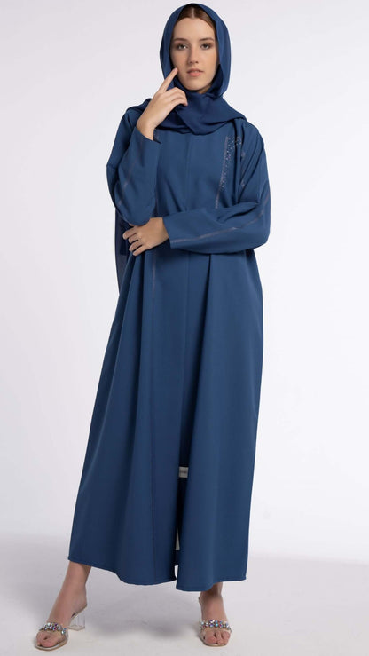 Sky Blue Colored V-Neck Abaya with Geometrical Patterned Embroidery
