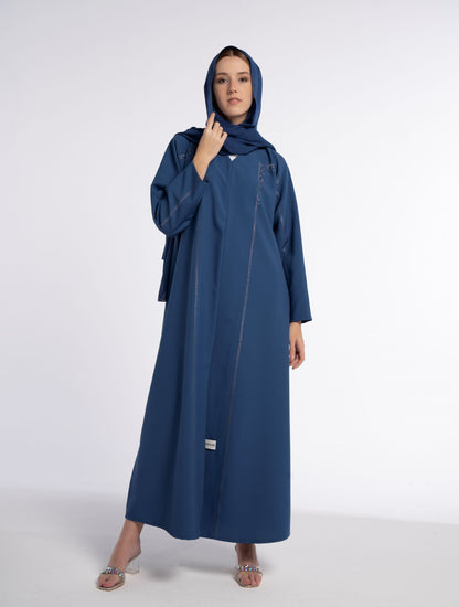Sky Blue Colored V-Neck Abaya with Geometrical Patterned Embroidery