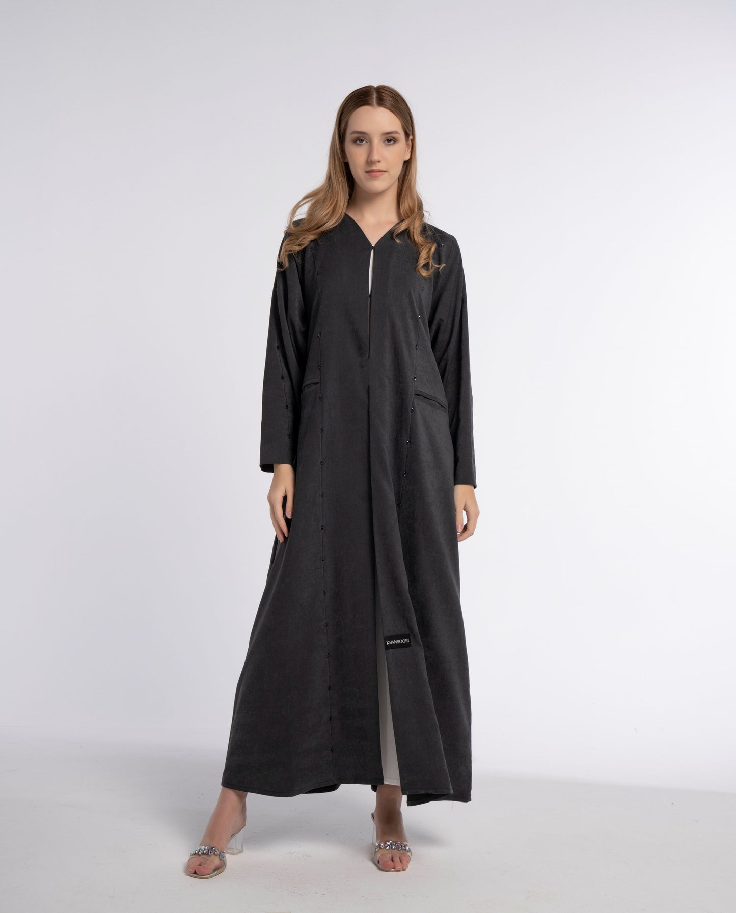 Grey Colored V-Neck Abaya with Elegant Black Beaded Embellishments and Two Front Side Pockets
