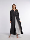 Grey Colored V-Neck Abaya with Elegant Black Beaded Embellishments and Two Front Side Pockets