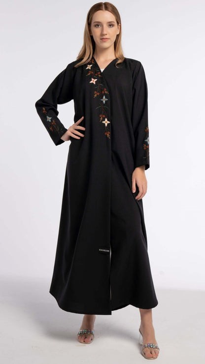 Black abaya with multi color floral embroidery 