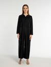 Black V-Neck Abaya with Elegant Black Beaded Embellishments and Frontal Side Pockets