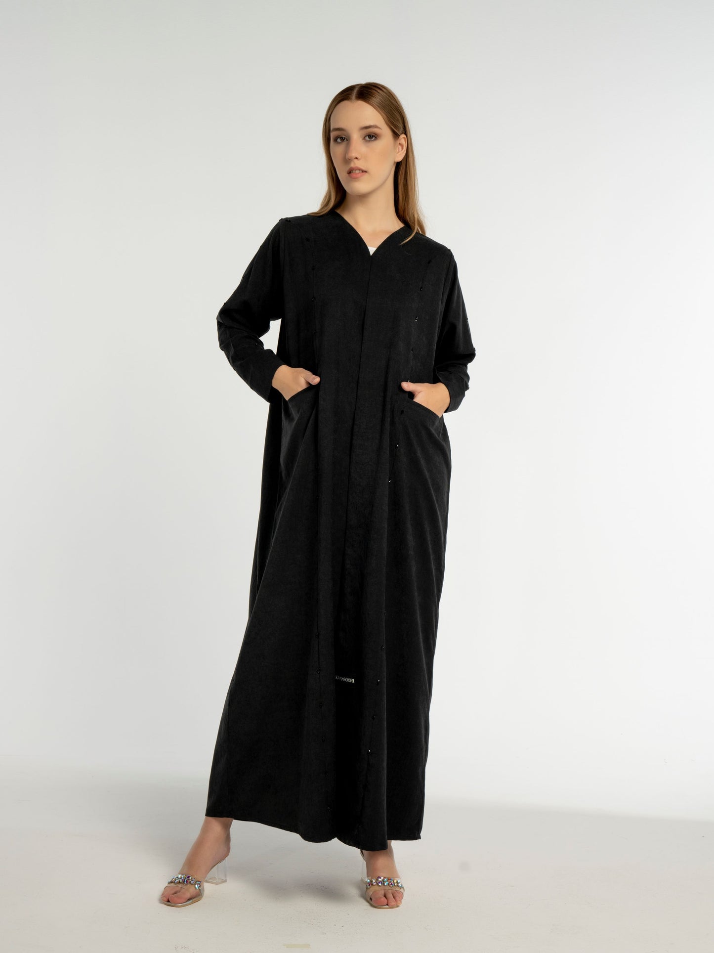 Black V-Neck Abaya with Elegant Black Beaded Embellishments and Frontal Side Pockets