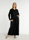 Black V-Neck Abaya with Elegant Black Beaded Embellishments and Frontal Side Pockets