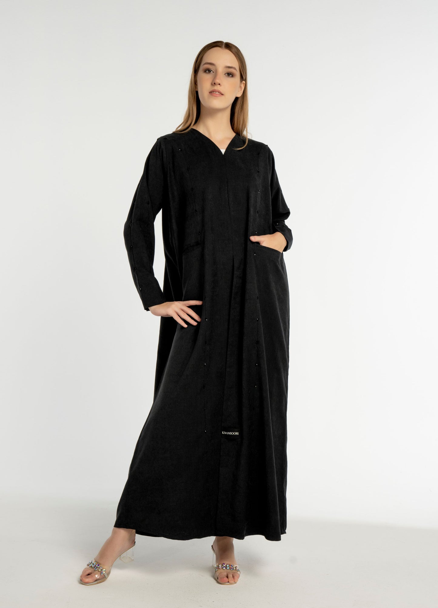 Black V-Neck Abaya with Elegant Black Beaded Embellishments and Frontal Side Pockets