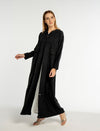 Black V-Neck Abaya with Elegant Black Beaded Embellishments and Frontal Side Pockets