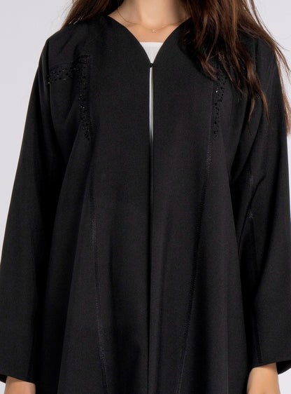 Black V-Neck Abaya with Geometric Patterned Embroidery