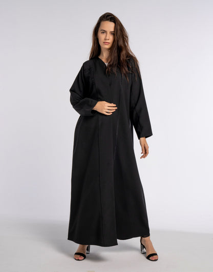 Black V-Neck Abaya with Geometric Patterned Embroidery