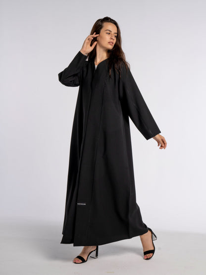 Black V-Neck Abaya with Geometric Patterned Embroidery