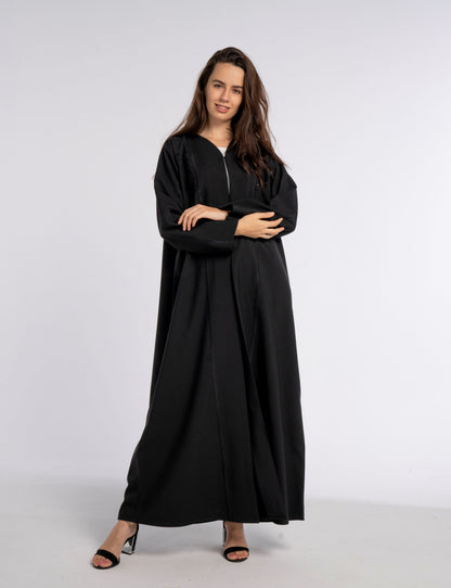 Black V-Neck Abaya with Geometric Patterned Embroidery