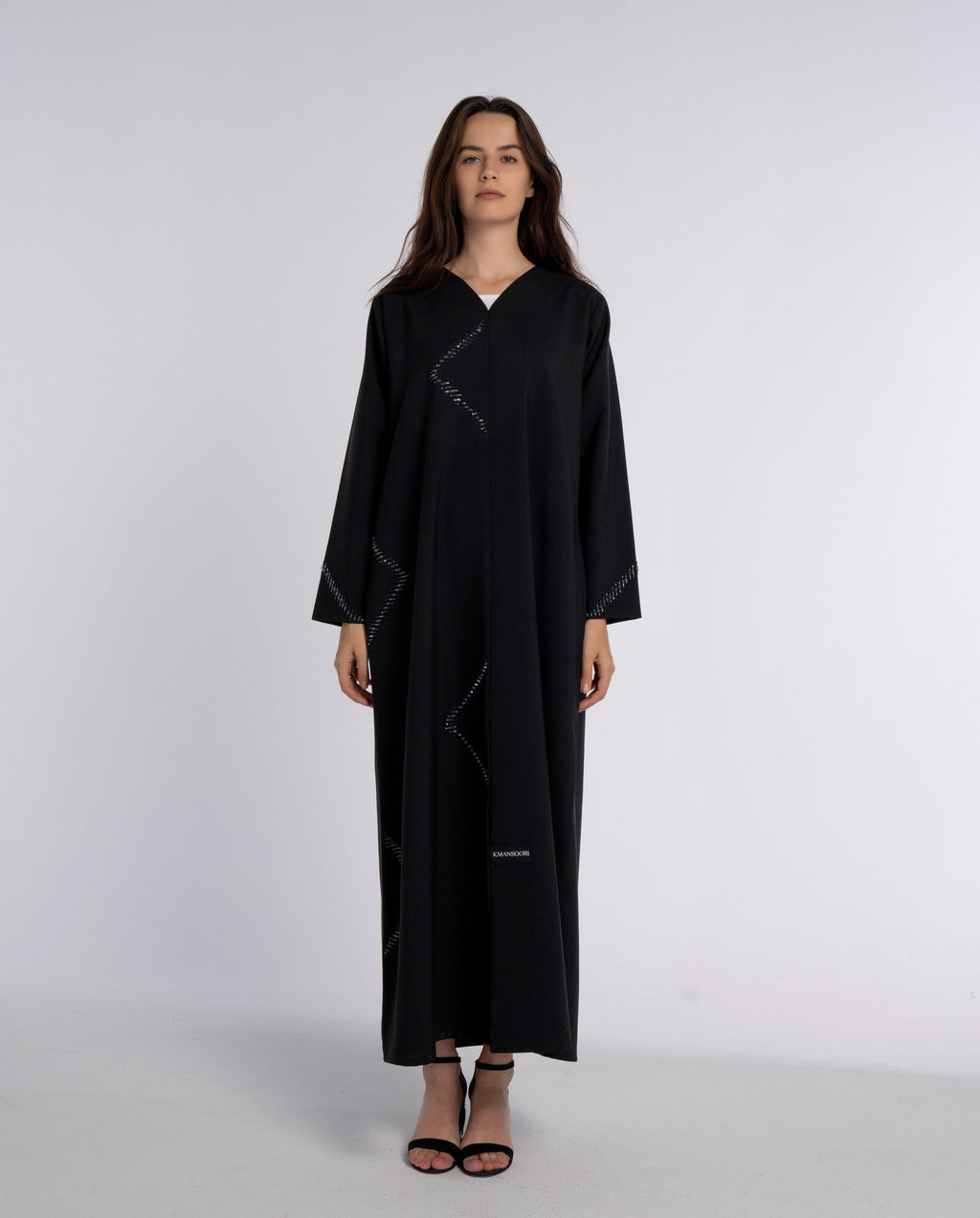 Black V-Neck Abaya with Firozi-Colored Beaded Embellishments in Triangular Patterns