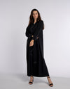 Black V-Neck Abaya with Firozi-Colored Beaded Embellishments in Triangular Patterns