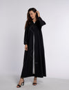 Black V-Neck Abaya with Firozi-Colored Beaded Embellishments in Triangular Patterns