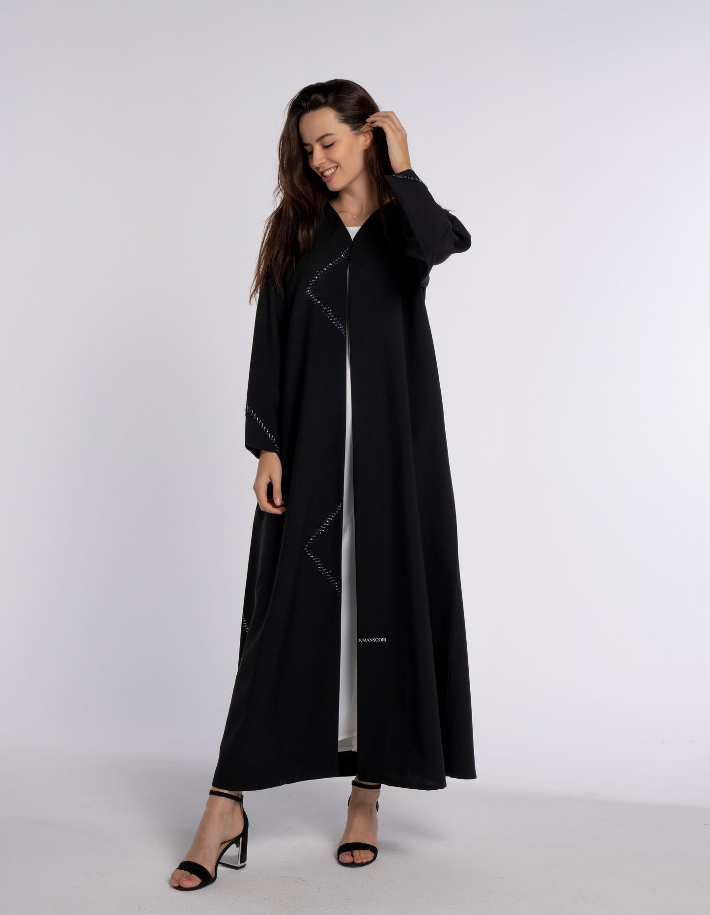 Black V-Neck Abaya with Firozi-Colored Beaded Embellishments in Triangular Patterns