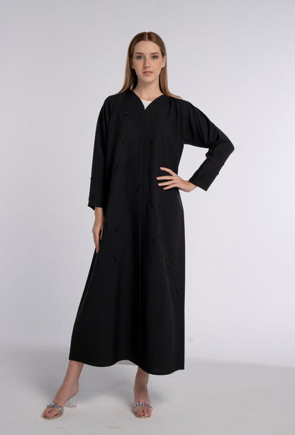 Black V-Neck Abaya with Geometric Patterned Beaded Embellishments