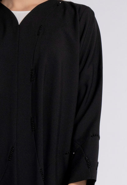 Black V-Neck Abaya with Geometric Patterned Beaded Embellishments