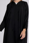 Black V-Neck Abaya with Geometric Patterned Beaded Embellishments