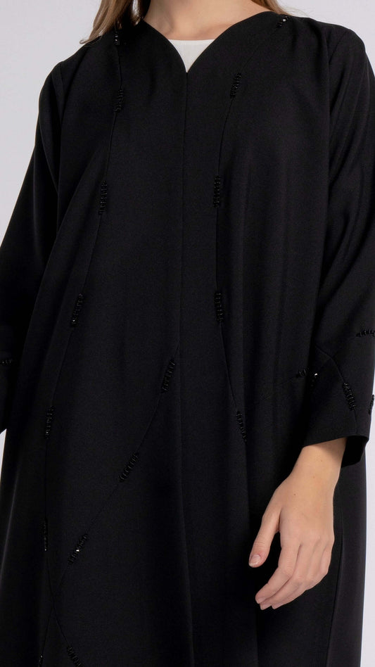 Black V-Neck Abaya with Geometric Patterned Beaded Embellishments