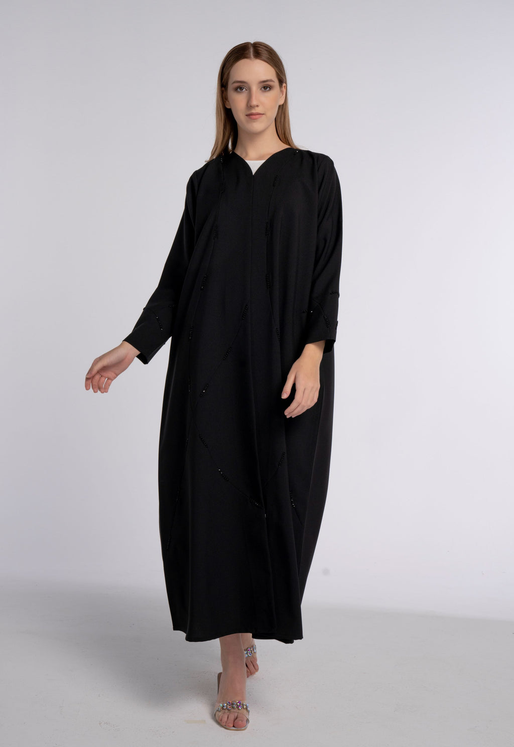 Black V-Neck Abaya with Geometric Patterned Beaded Embellishments