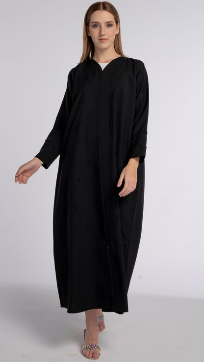 Black V-Neck Abaya with Geometric Patterned Beaded Embellishments