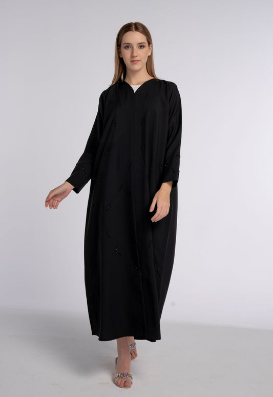 Black V-Neck Abaya with Geometric Patterned Beaded Embellishments