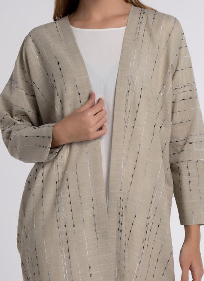 Stripe linen bisht abaya with cut joined sleeve pattern