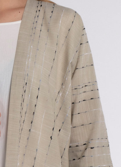 Detailed view of stripe linen bisht abaya with cut joined sleeve
