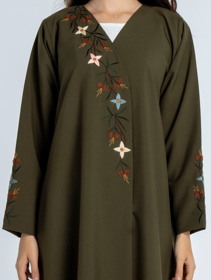 Green Overlap Abaya with Elegant and Detailed Multicolor Floral Embroidery on the Front Flap and Sleeves
